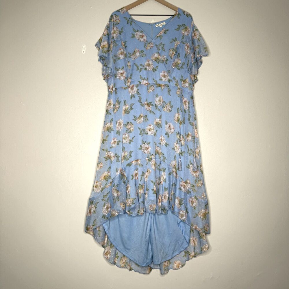 Indulge Instyle‎ Womens Hi-Lo Faux Wrap Dress 3X Blue Floral Sheer Boho Ruffle